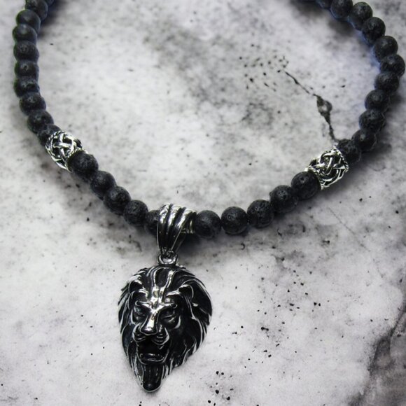 NEW Handmade Large Lion Necklace with Black Lava Stone. One of a Kind! - Picture 3 of 7